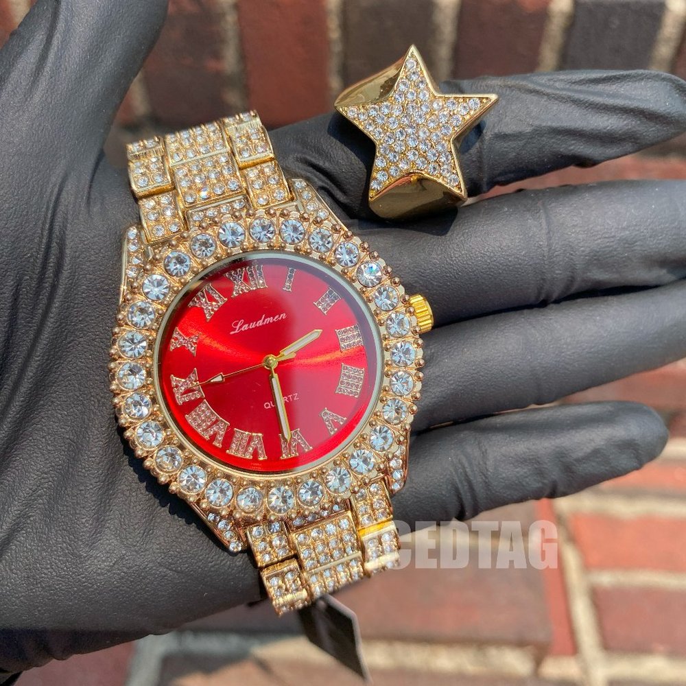 Gold Plated Red Dial Luxury Quartz Movement Watch, Pinky Star Iced Ring Set